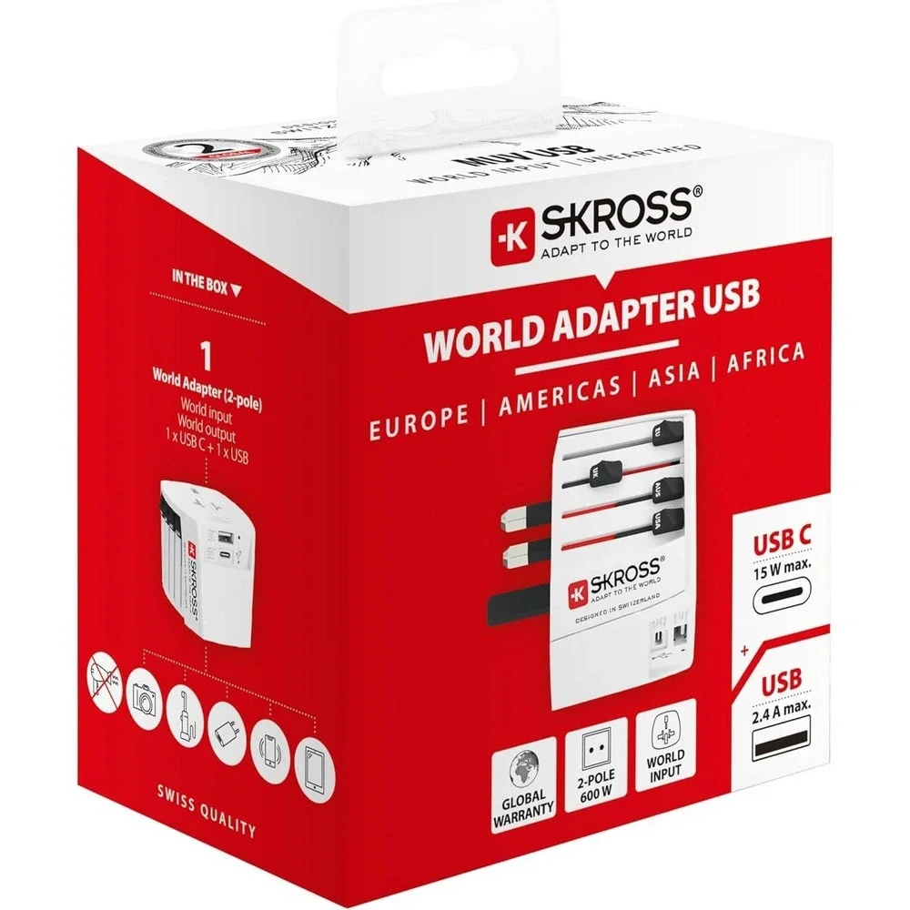 SKROSS Universal Travel Plug with USB and USB C, 1.302962, White Type G (UK)